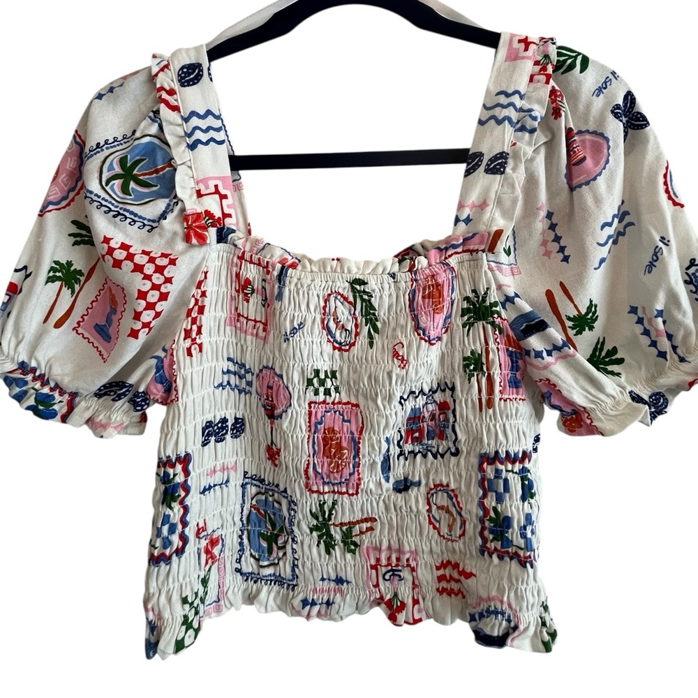 MONTEAU Smocked Puff Sleeve Crop Top Mediterranean Italy Print Linen Blend L